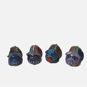 Vintage Talavera Mexico Pottery Napkin Holders Rings Pigs Handpainted Set of 4